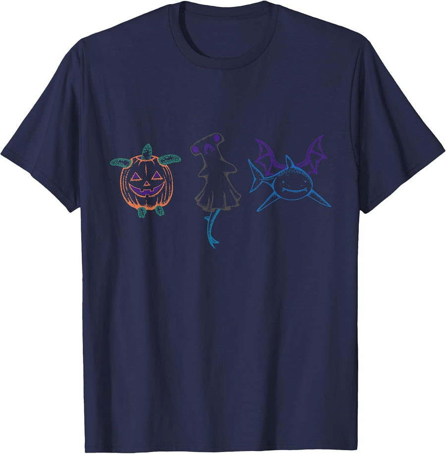 Sea Creature Halloween Spooky Turtle Hammerhead Whale Shark T-Shirt - Navy Blue