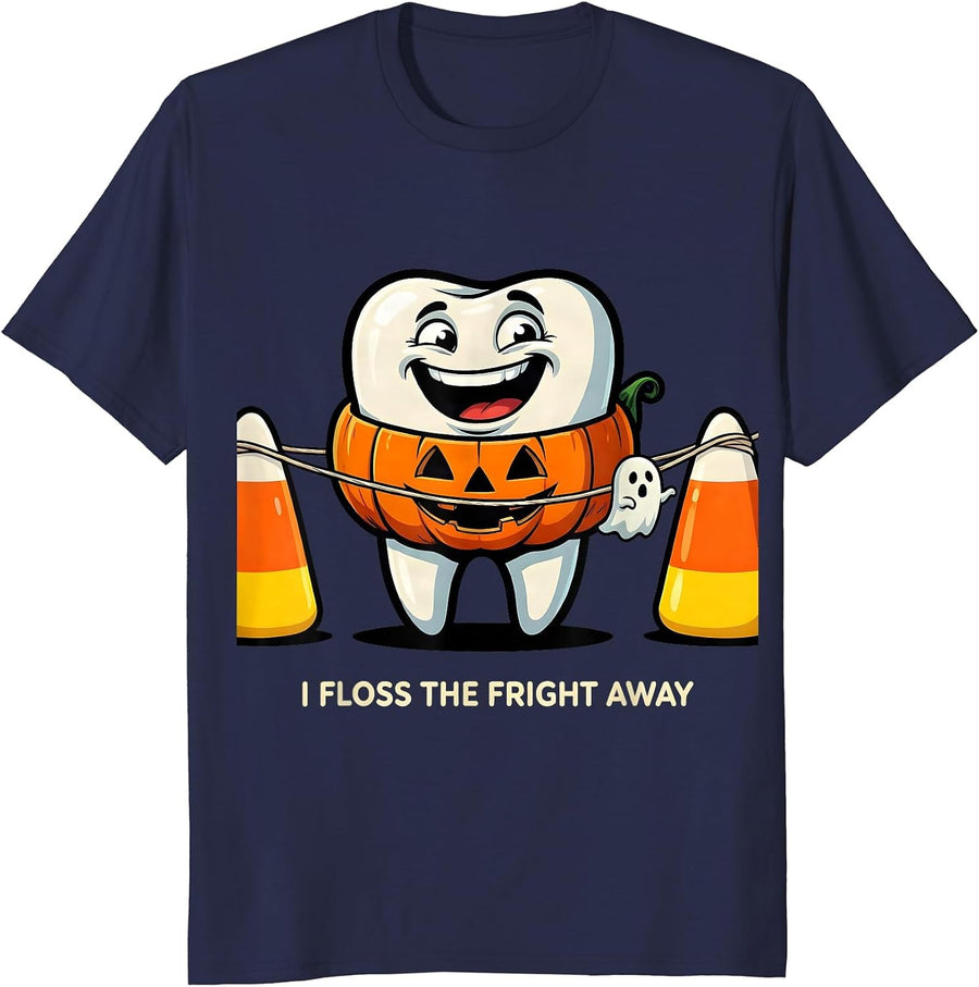 I Floss The Fright Away Funny Dentist Halloween Costume T-Shirt - Navy Blue