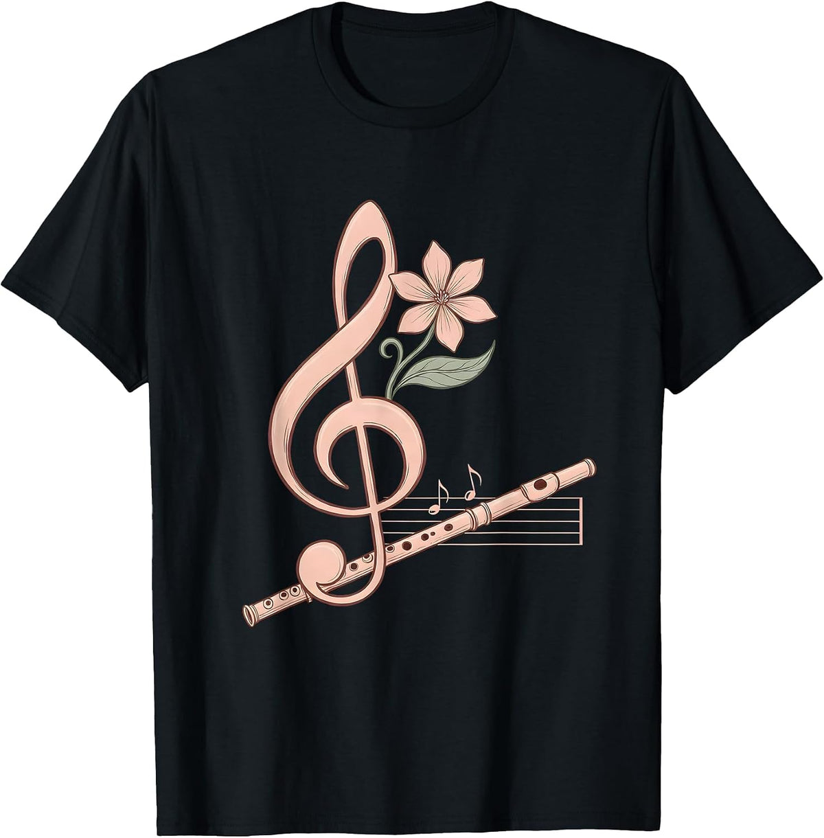Men's Treble Clef Flower Flute Music Lover Boho Humor T-Shirt - Black