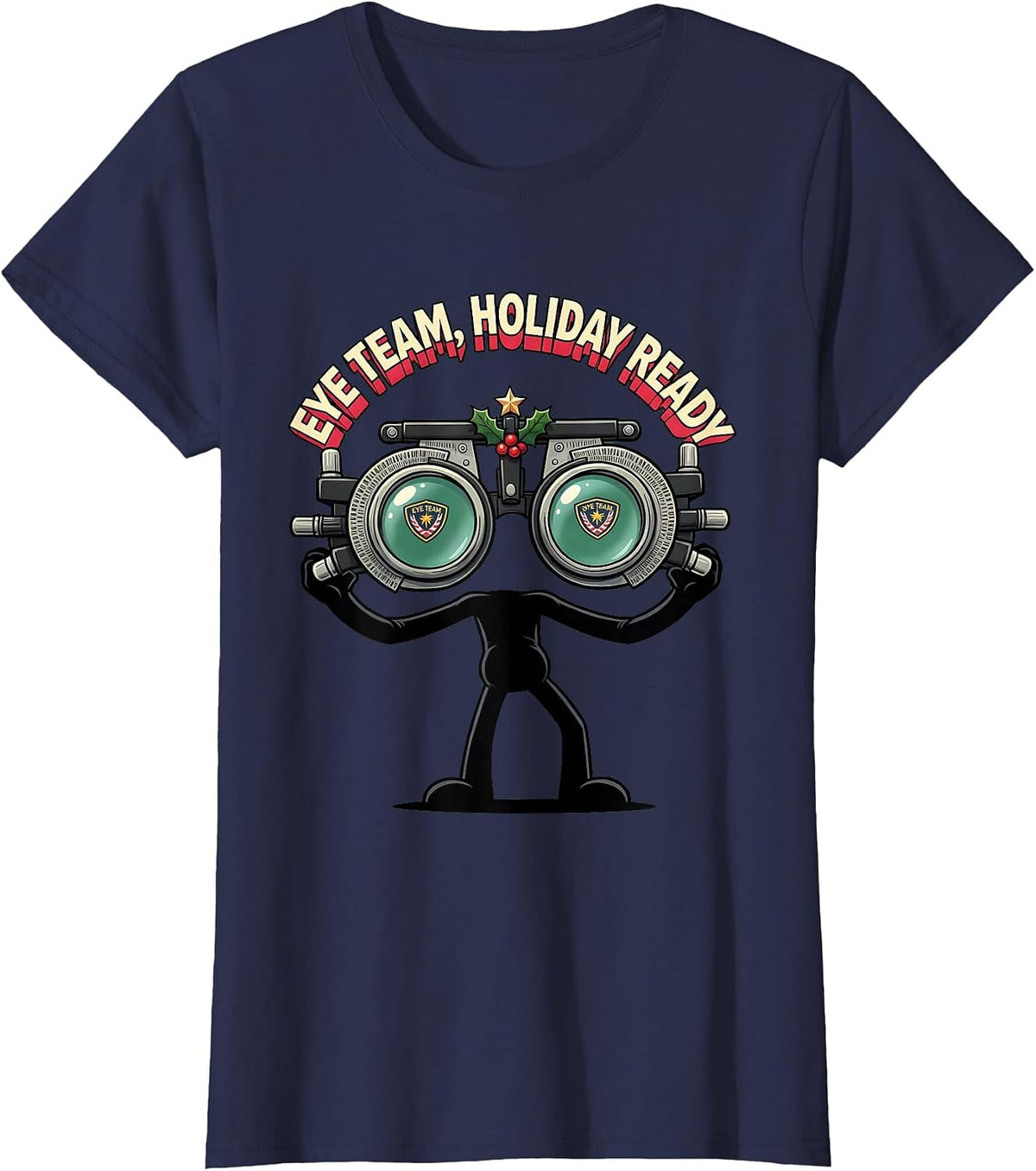 Women's Eye Team Holiday Ready Cartoon Optometrist Christmas T-Shirt - Navy Blue