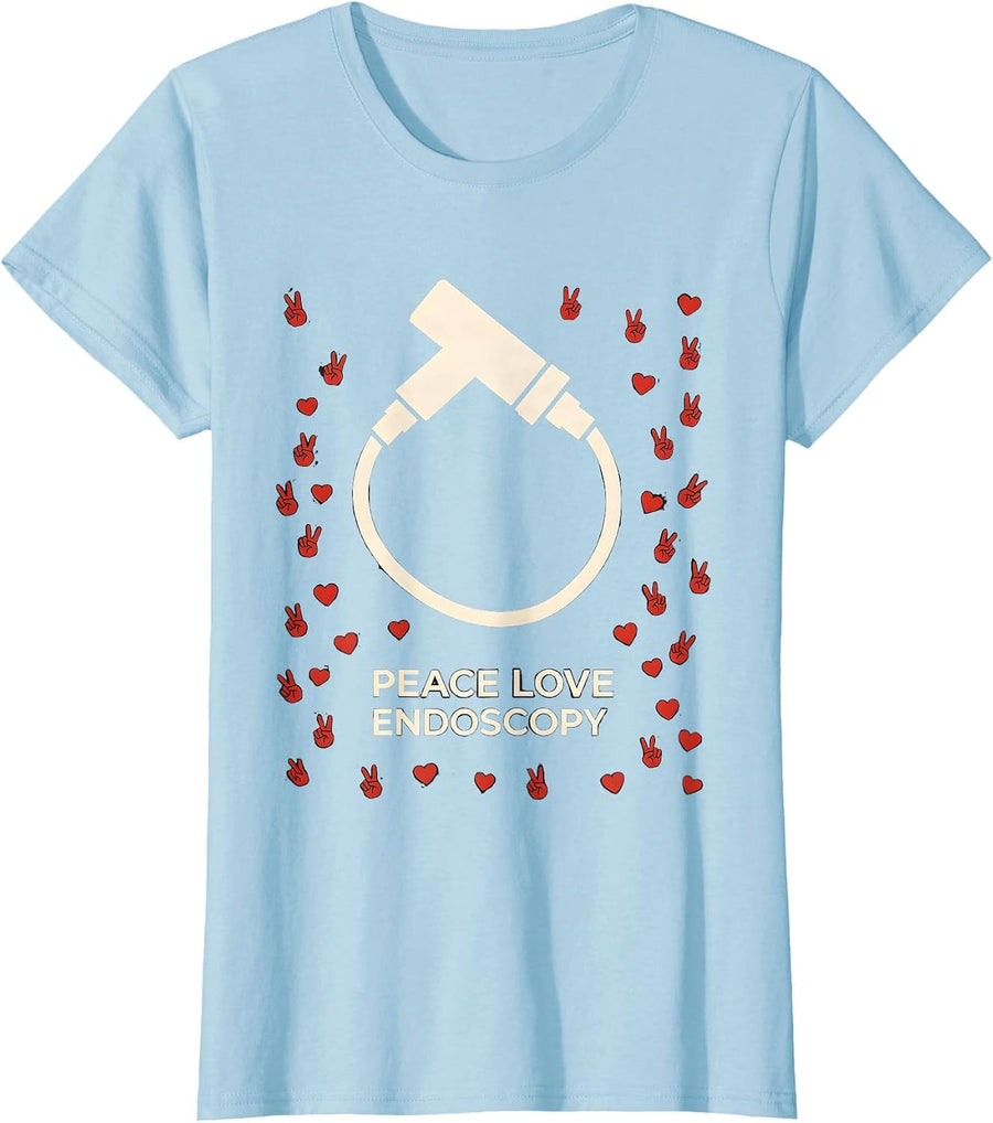 Women's Peace Love Endoscopy Funny Surgical Tech Surgeon Gifts T-Shirt - Baby Blue
