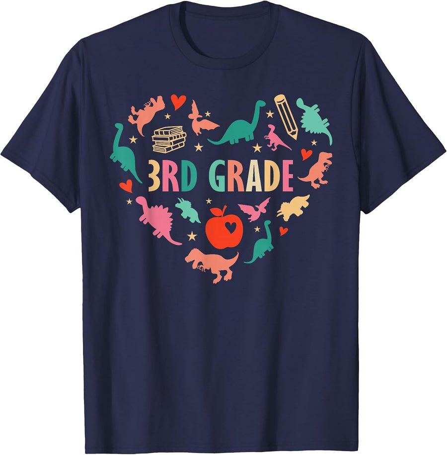 Team 3rd Grade Dinosaur Heart Third Grade Crew Teacher Kids T-Shirt - Navy Blue