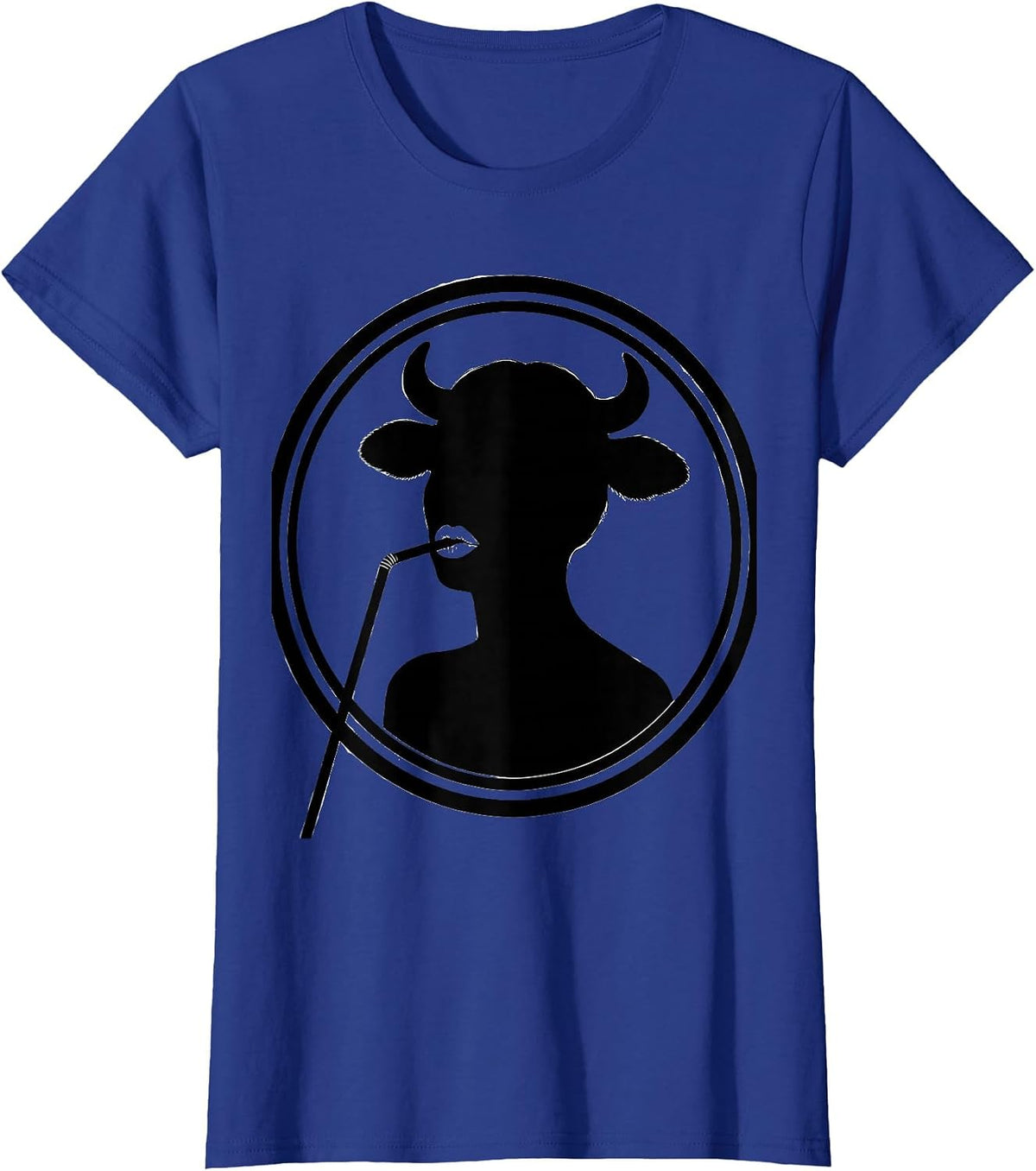 Women's Cow Girl Sipping Straw Cute Bovine Lover Graphic T-Shirt - Royal Blue