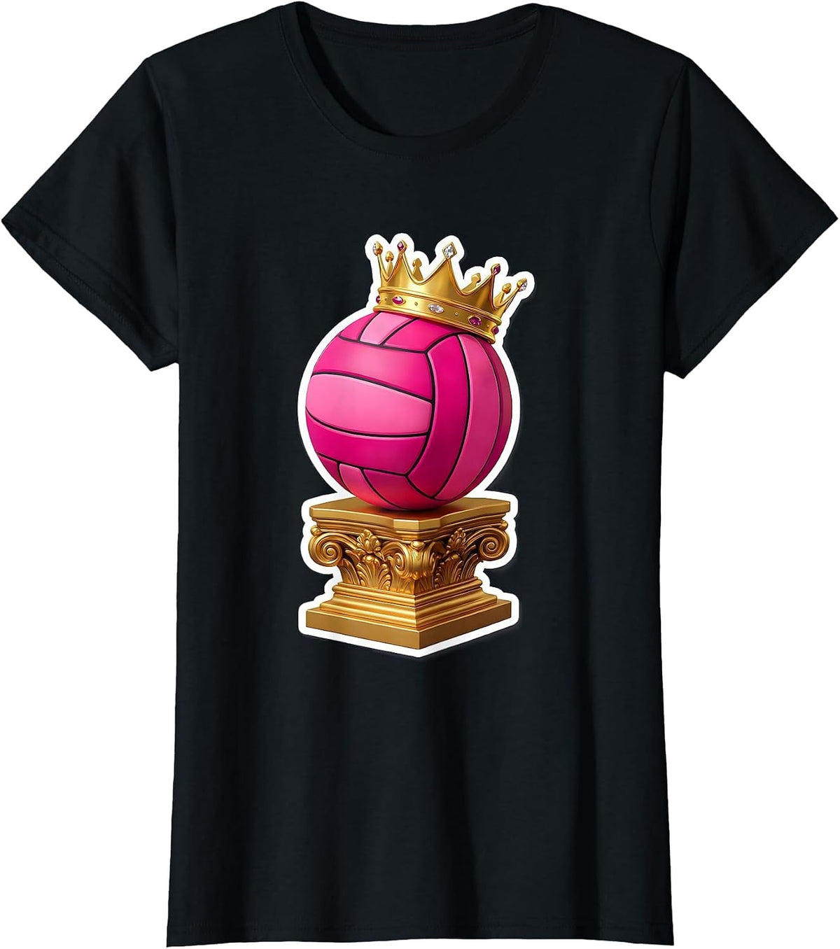 Crowned Pink Volleyball Queen on Throne Design T-Shirt - Black