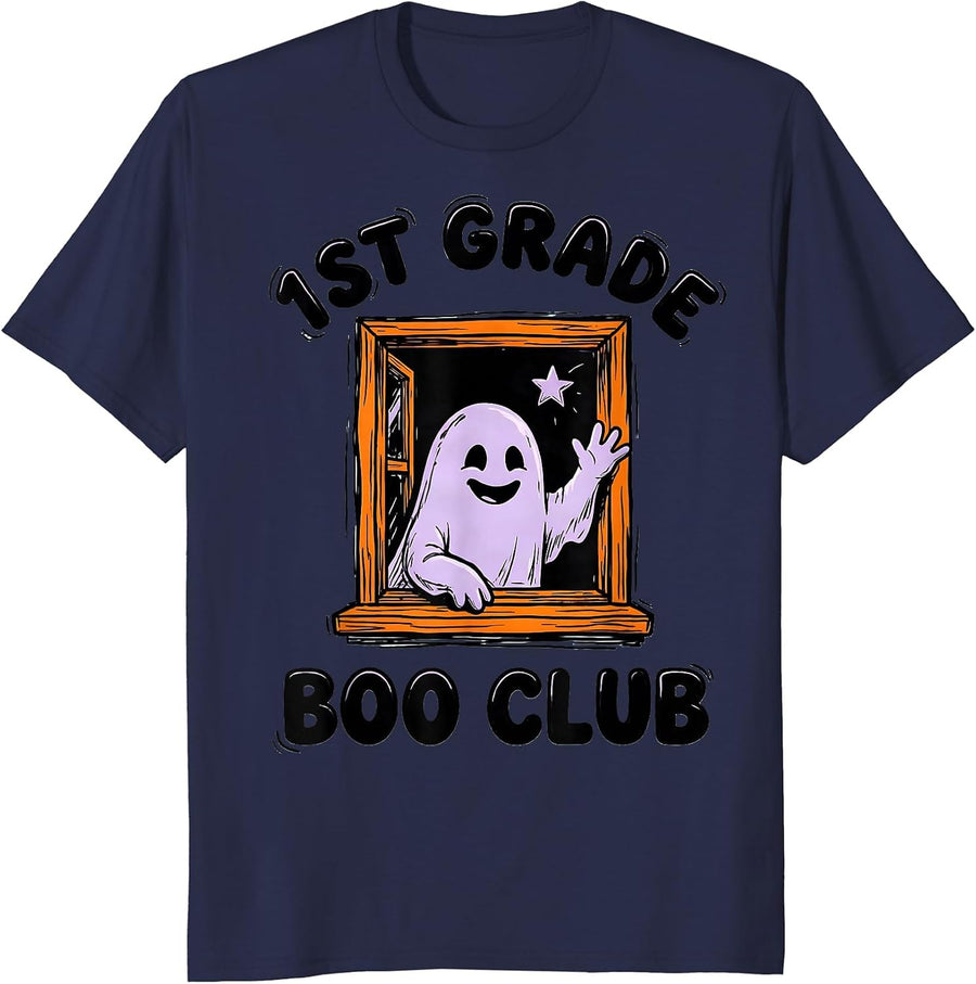 1st Grade Boo Club Cute Ghost Halloween Teacher Kid T-Shirt - Navy Blue