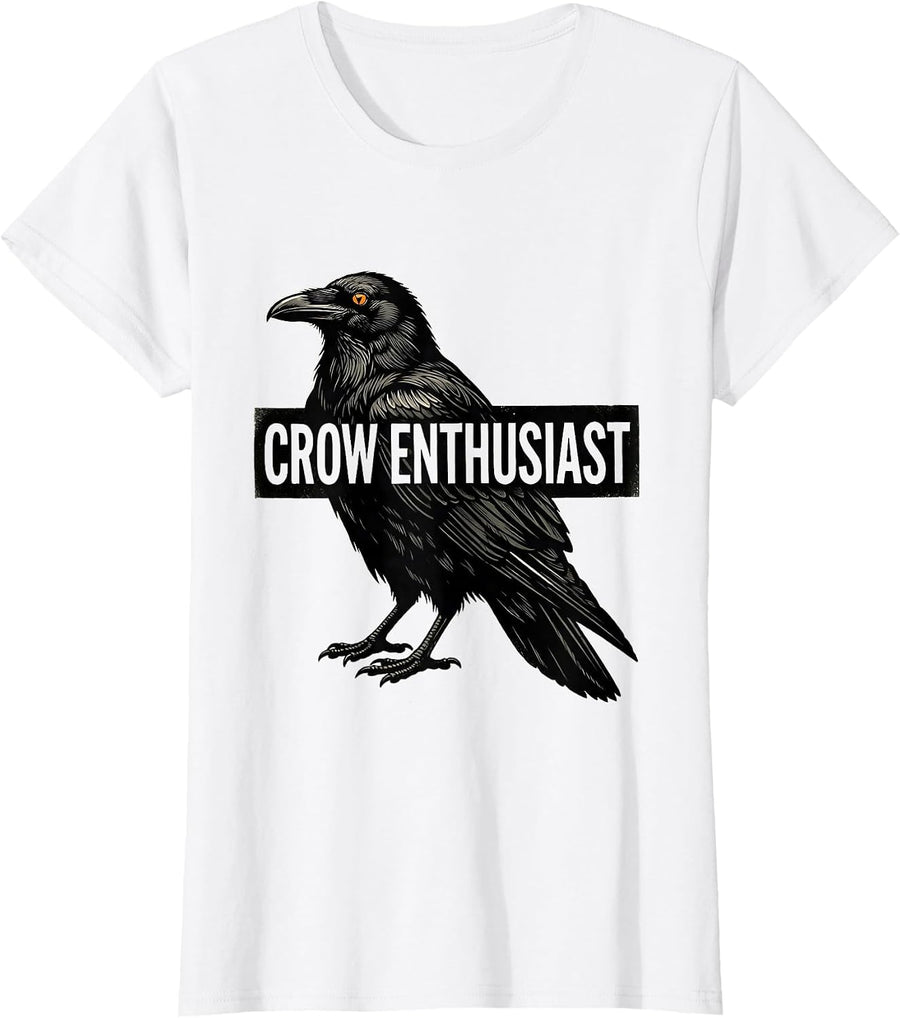 Women's Crow Enthusiast Gothic Nature Bird Silhouette Art T-Shirt - White