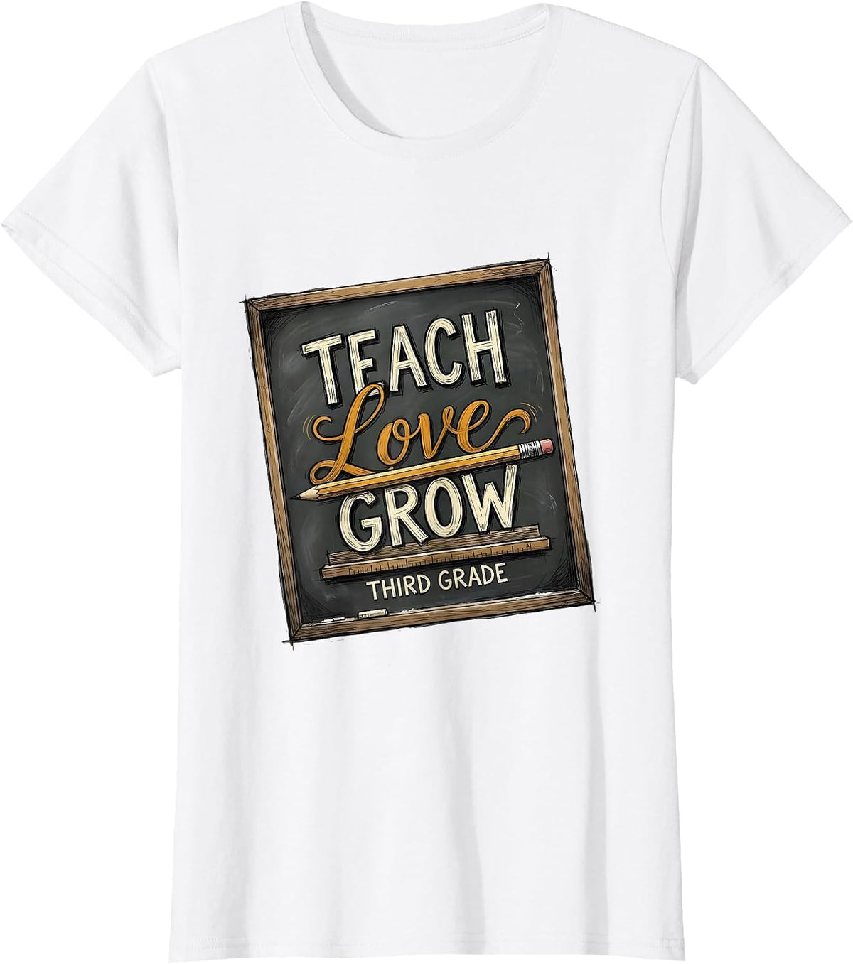 Teach Love Grow Third Grade Hand-Sketched Teacher Back T-Shirt - White