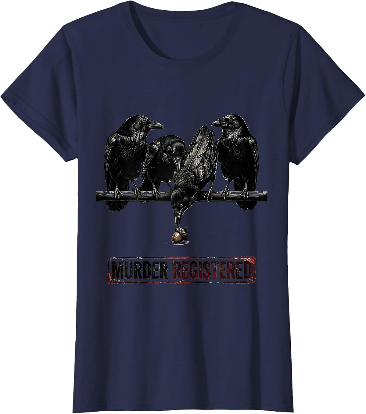 Women's Murder Registered Distressed Crow Silhouettes Gothic Humor T-Shirt - Navy Blue