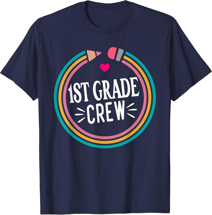 1st Grade Crew - Happy First Day of School Preschool Teacher T-Shirt - Navy Blue