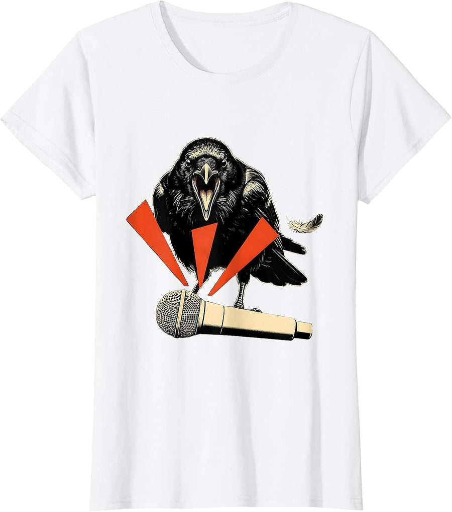 Women's Crow Over Mic F-Caw-F Dark Humor T-Shirt - White