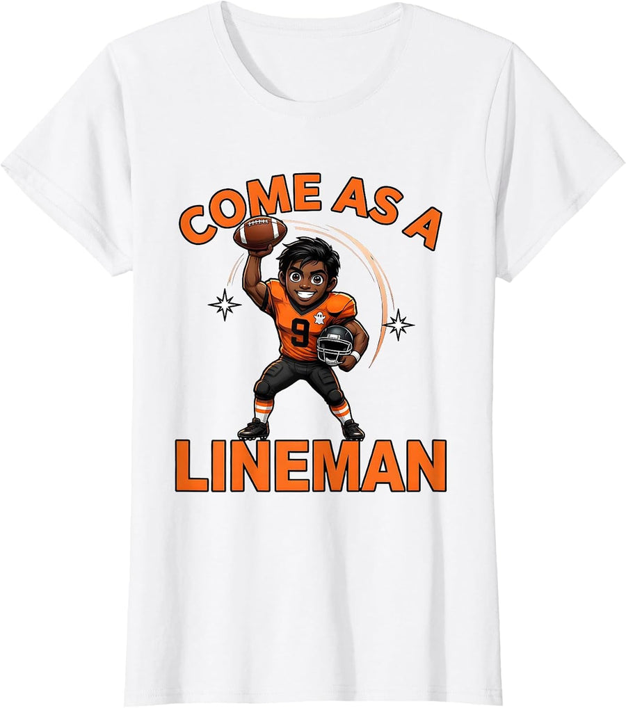 Women's COME AS A LINEMAN Funny Cartoon Football Player Halloween T-Shirt - White