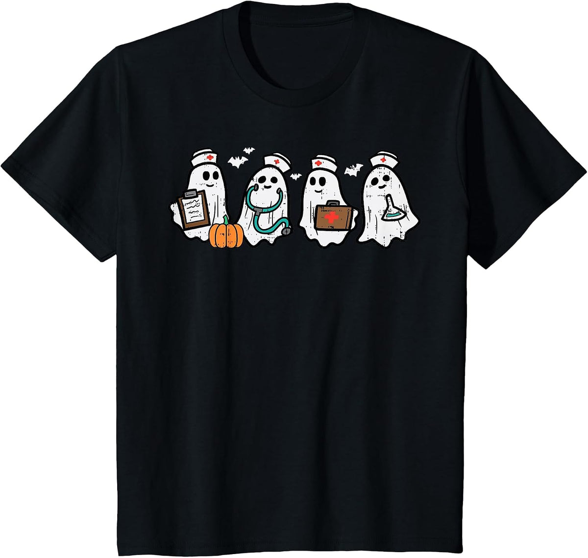 Ghost Nurses Halloween Crew Funny Costume Scrub Top Women T-Shirt - Black