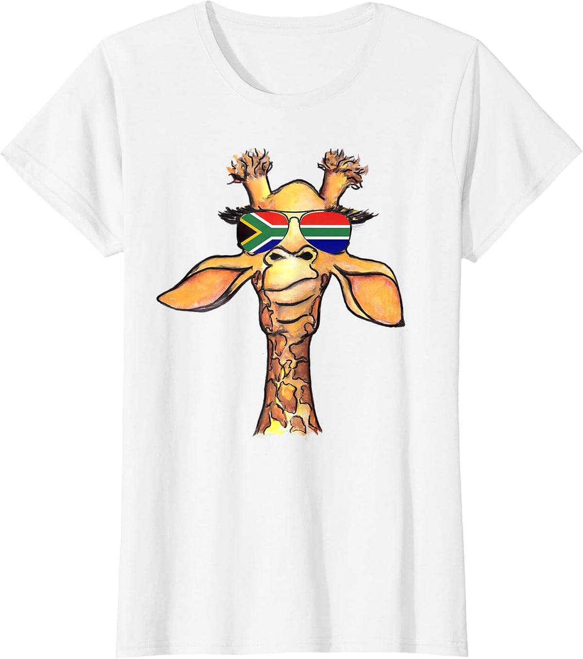 Funny Cute Giraffe with Aviator Sunglasses South Africa Flag T-Shirt - White