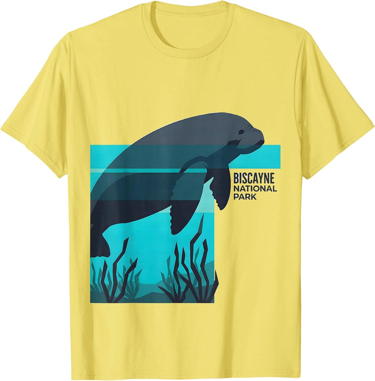 Men's Biscayne National Park Retro Flat Vector Manatee Wildlife T-Shirt - Lemon Yellow
