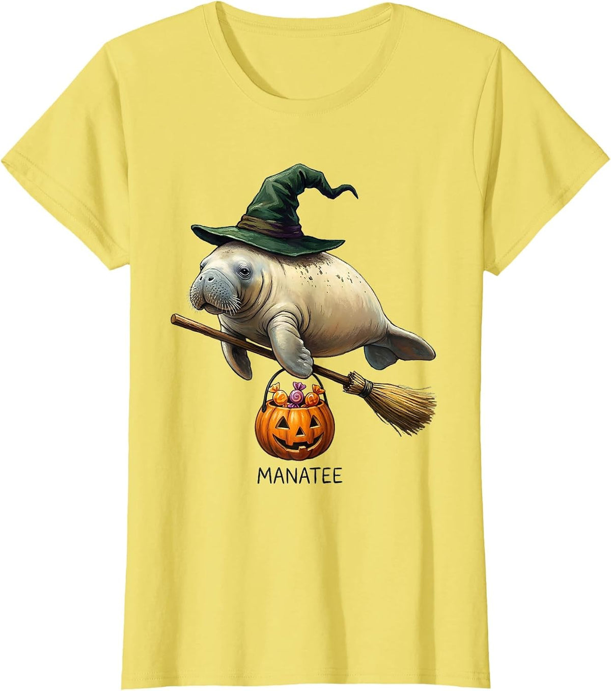 Women's Manatee Whimsical Storybook Halloween Witch Hat Animal T-Shirt - Lemon Yellow