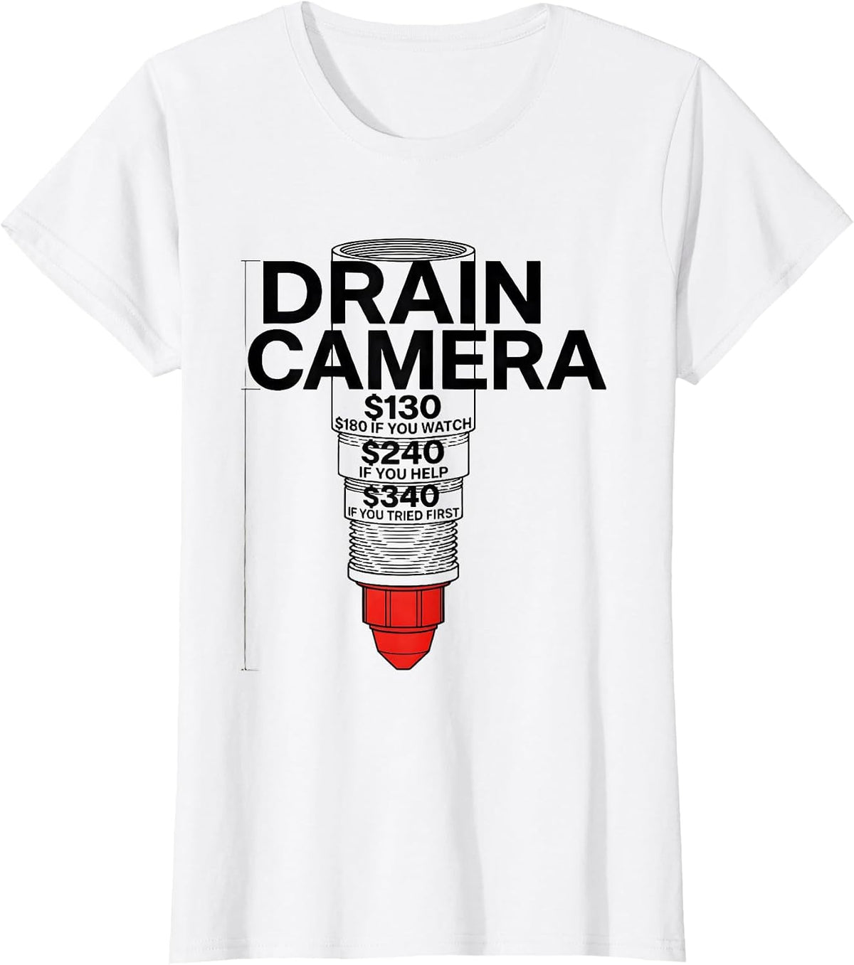Women's DRAIN CAMERA Funny Plumber Sarcastic Gift T-Shirt - White