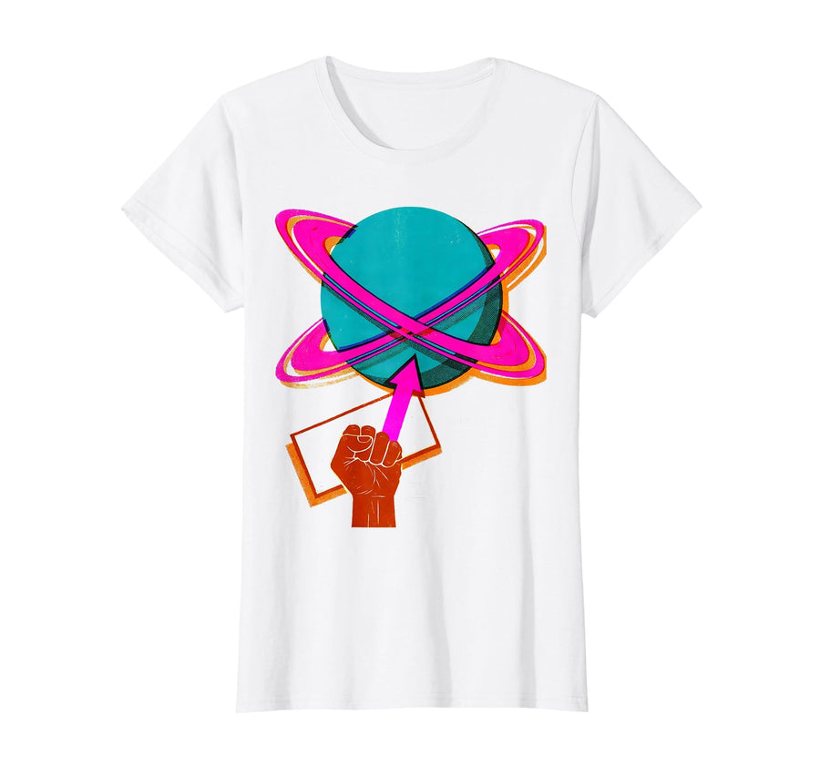 Mademark Women's Raised Fist Pluto Planet Humor Retro Astronomy T-Shirt - White