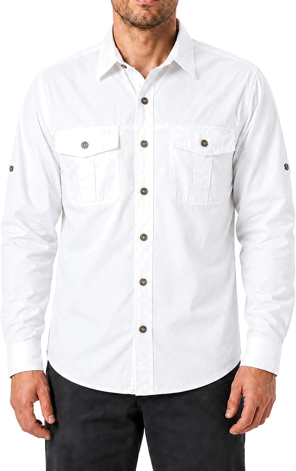 FREDD MARSHALL Men's Long Sleeve Cotton Cargo Work Shirt with Pockets - White