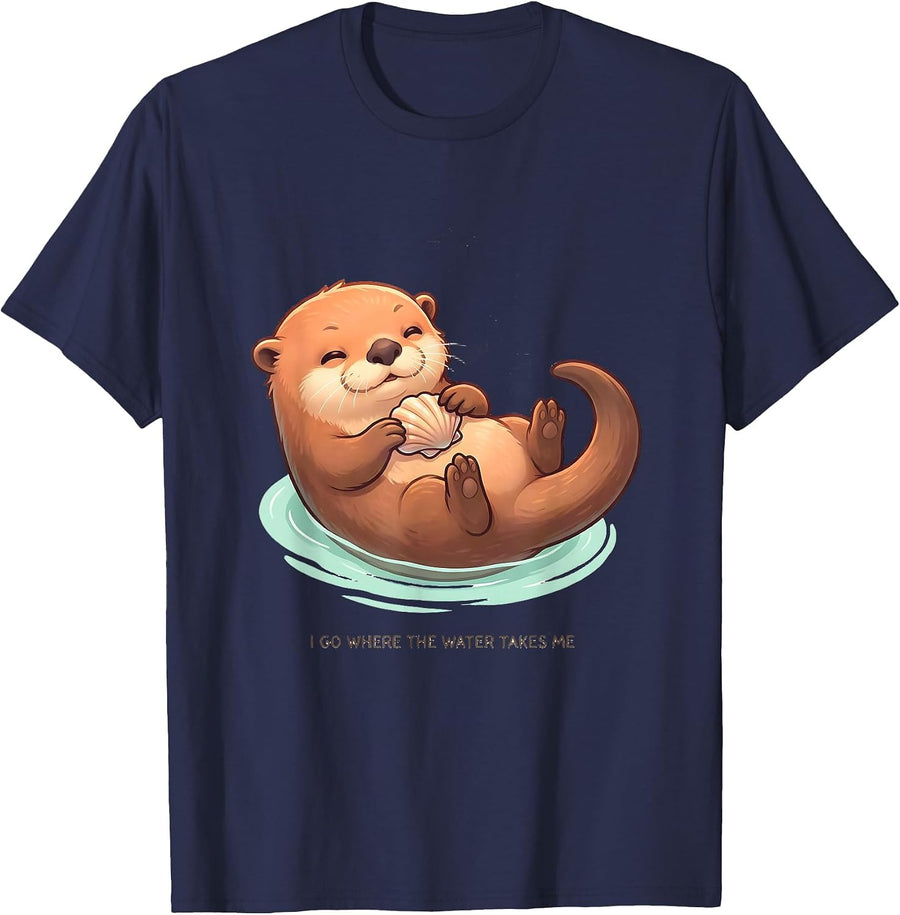 I Go Where The Water Takes Me Cute Kawaii Otter Lover Gift T-Shirt - Navy Blue
