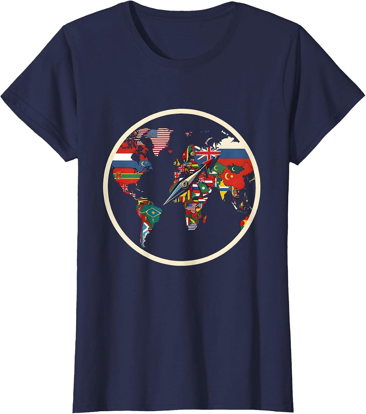 Women's World Flags Map Shield Badge Geography Lover Travel T-Shirt - Navy Blue