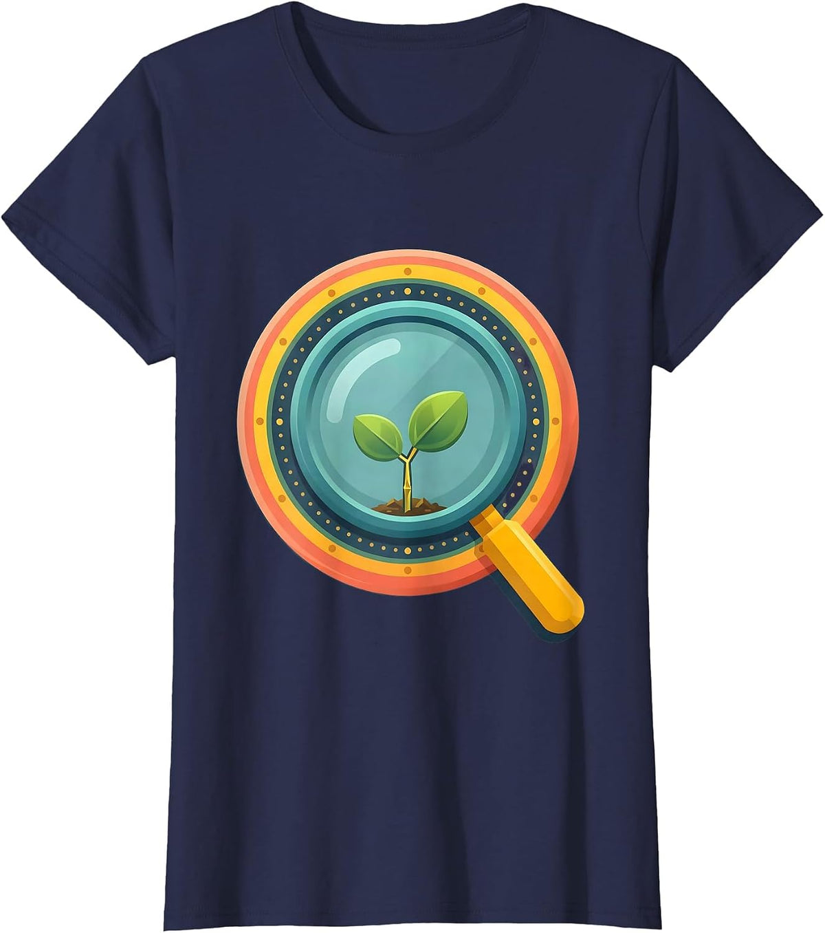 Women's First Grade Teacher Magnifying Glass Seedling T-Shirt - Navy Blue