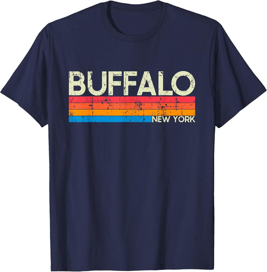Vintage Retro Buffalo New York Distressed T-Shirt - Navy Blue