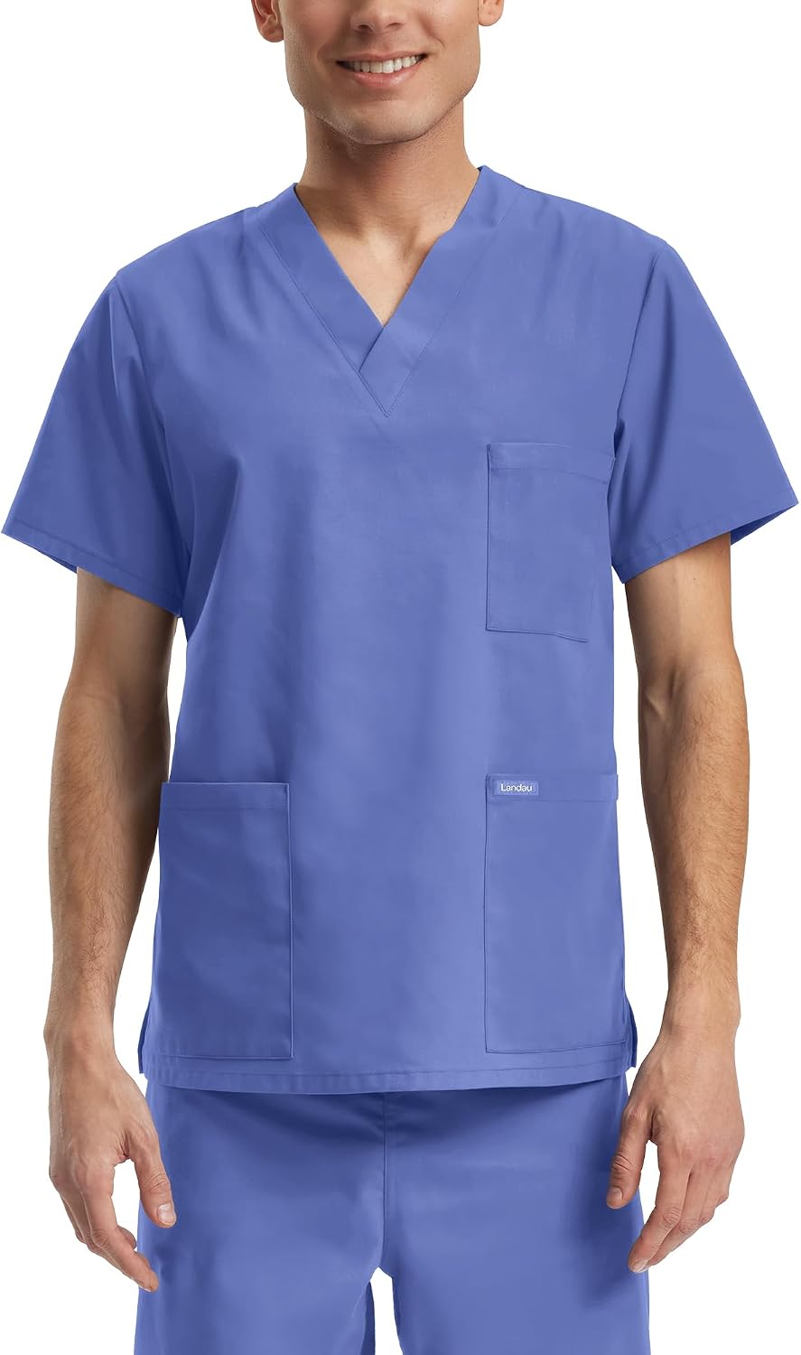 Landau Essentials Unisex Relaxed Fit Durable Breathable 3-Pocket V-Neck Scrub Top with Chest Pocket LT121 - Ceil