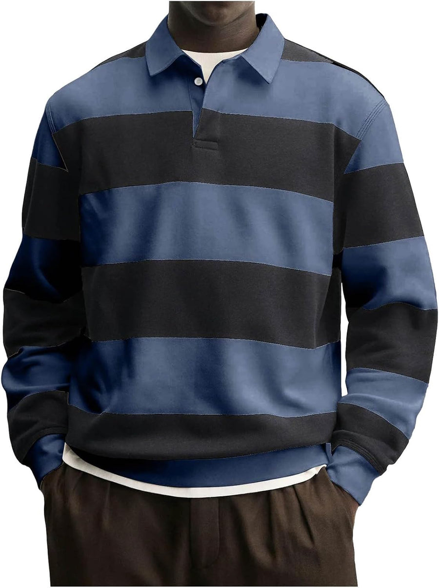 Men's Striped Rugby Shirts Long Sleeve Collar Sweatshirt Casual Tops - 01#navy