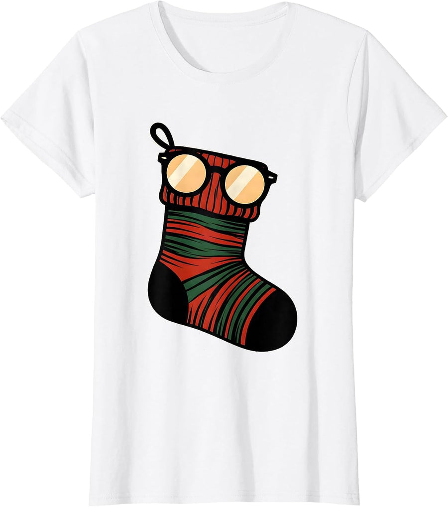 Women's Spectacle Frame Stocking Christmas Optometrist Eye-Care T-Shirt - White