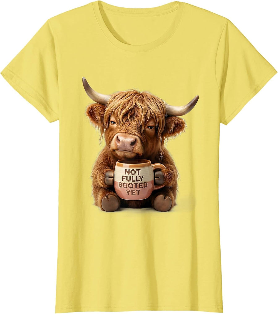 Women's Not Fully Booted Yet Cute Kawaii Highland Cow Coffee Lover T-Shirt - Lemon Yellow
