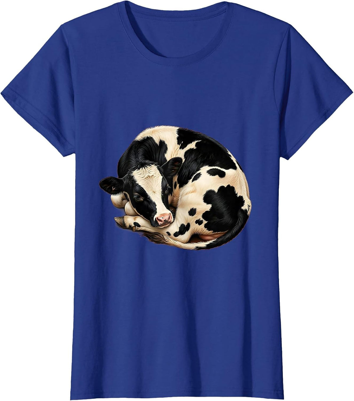 Women's Sleeping Baby Calf Cute Cow Lover Graphic T-Shirt - Royal Blue