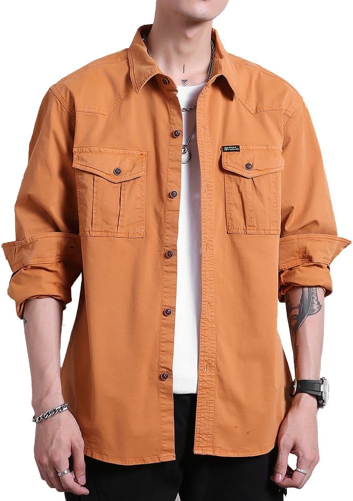 Men's Multi Pockets Work Shirts Relaxed Fit Cotton Button Down Long Sleeves Shirts - Yellow