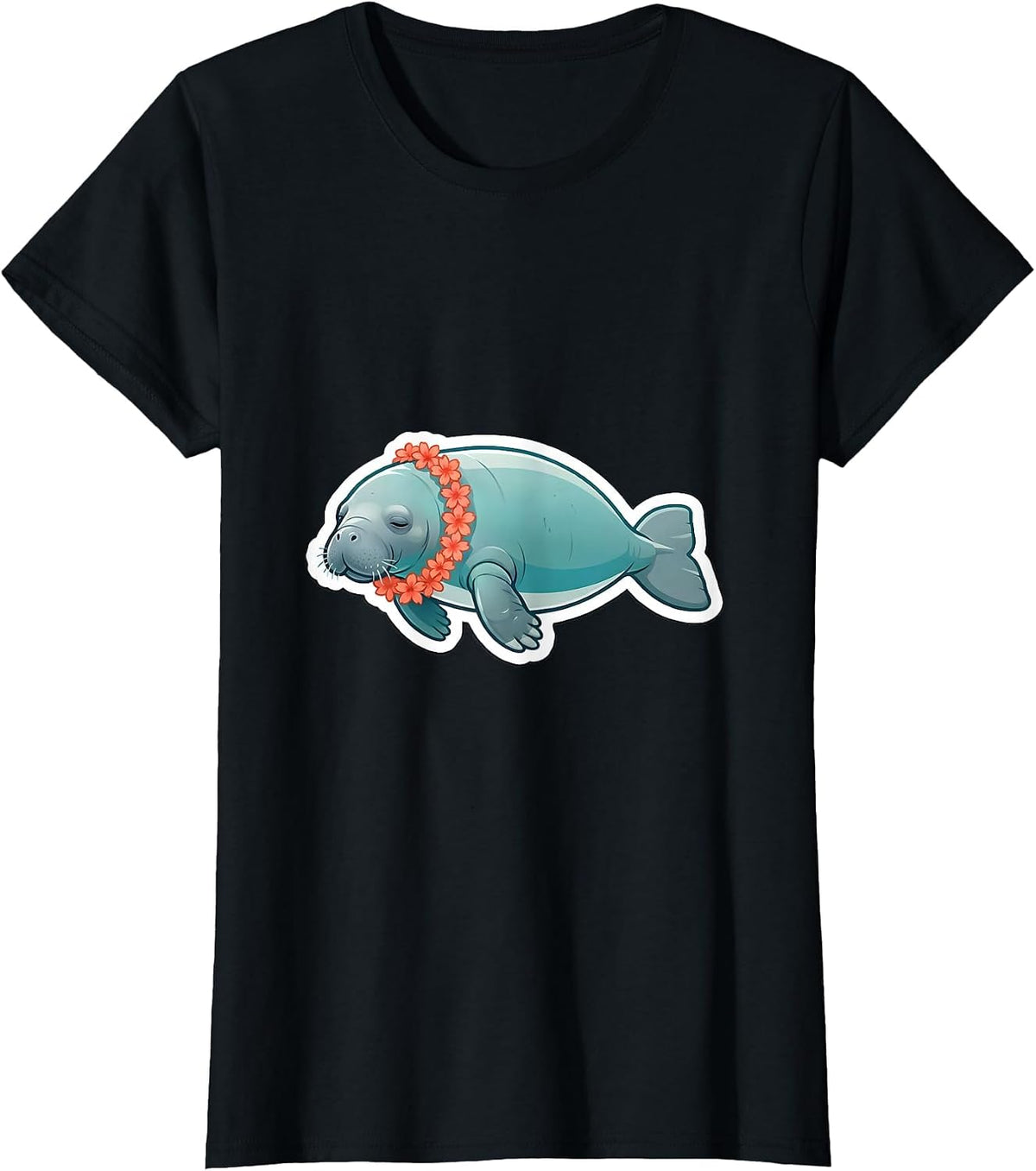 Manatee Flower Lei Funny Sea Animal Lover Sticker Style T-Shirt - Black