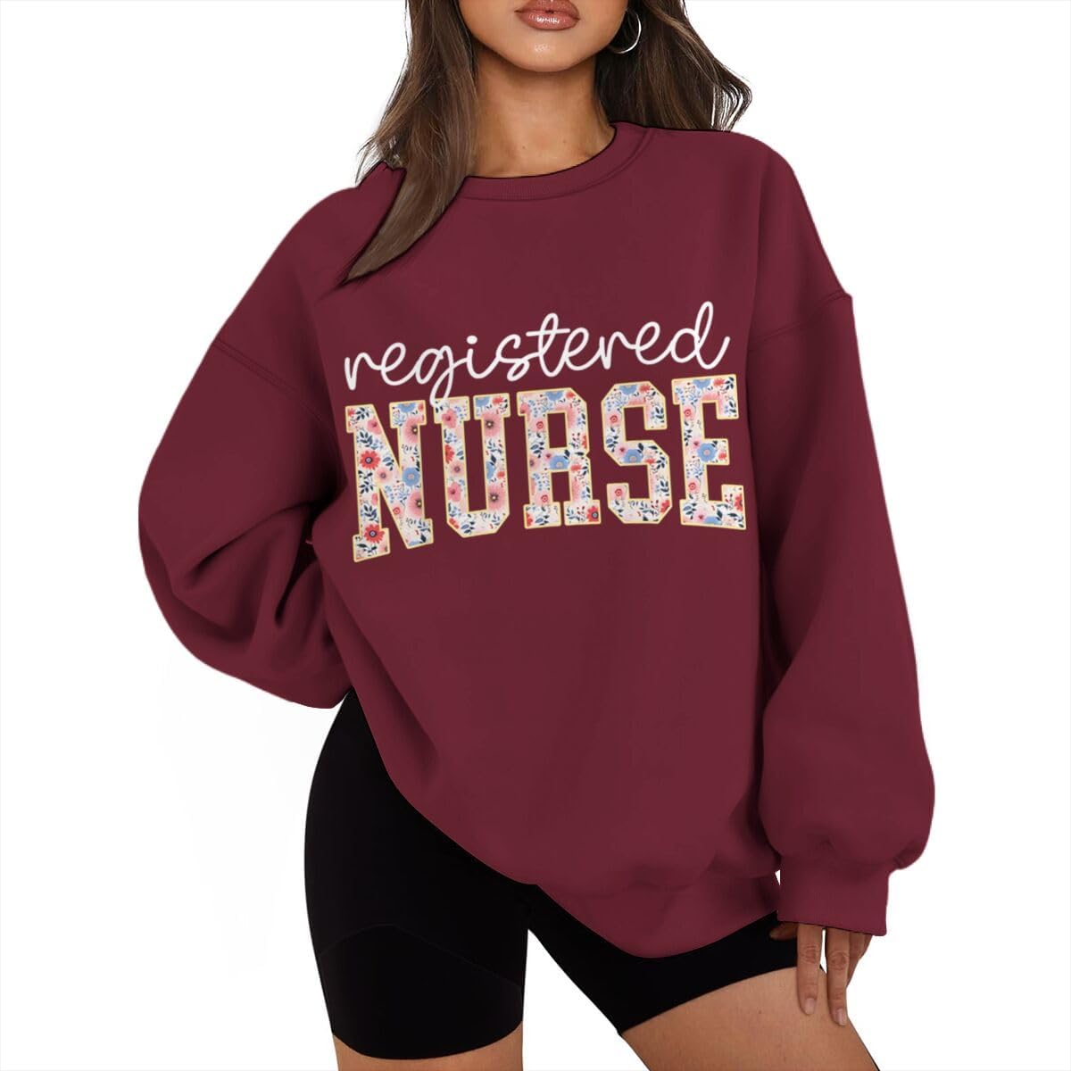 Nurse Sweatshirts for Women Registered Nurse Flower Letter RN Crewneck Sweatshirt Long Sleeve Fleece Pullover Gift for