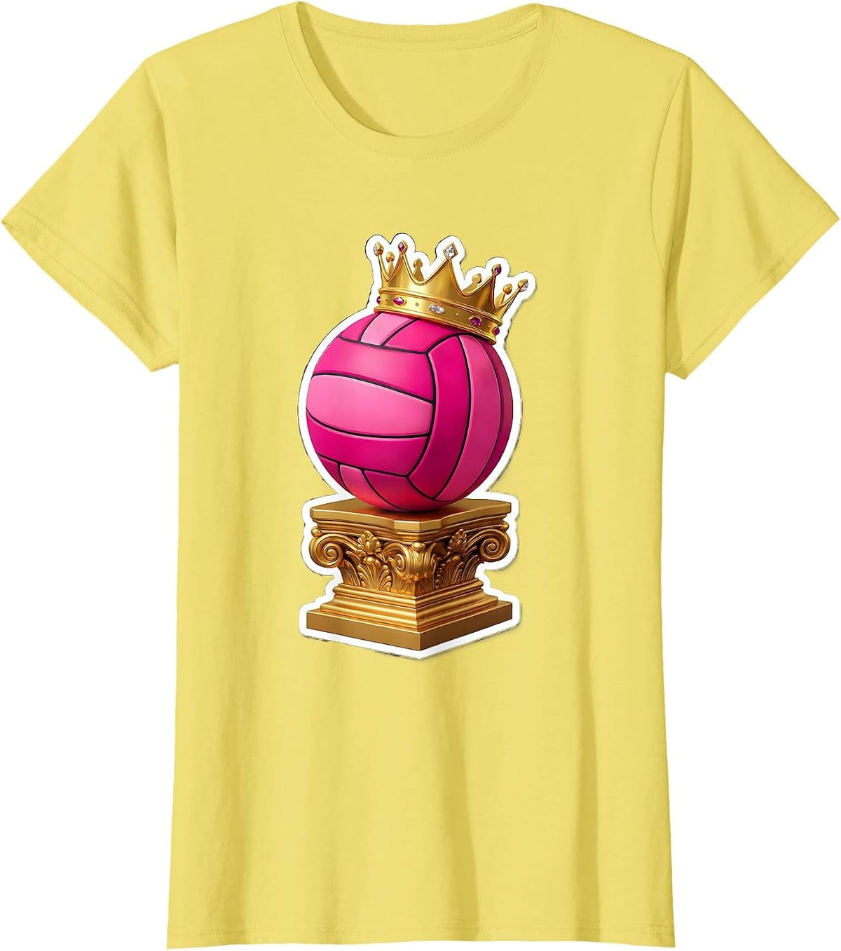 Crowned Pink Volleyball Queen on Throne Design T-Shirt - Lemon Yellow