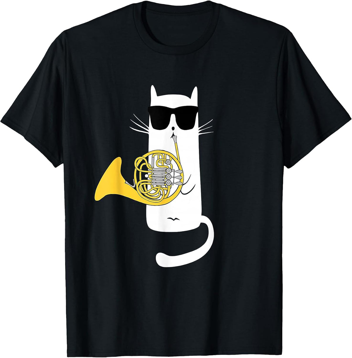 Funny Cat Wearing Sunglasses Playing French Horn T-Shirt - Black