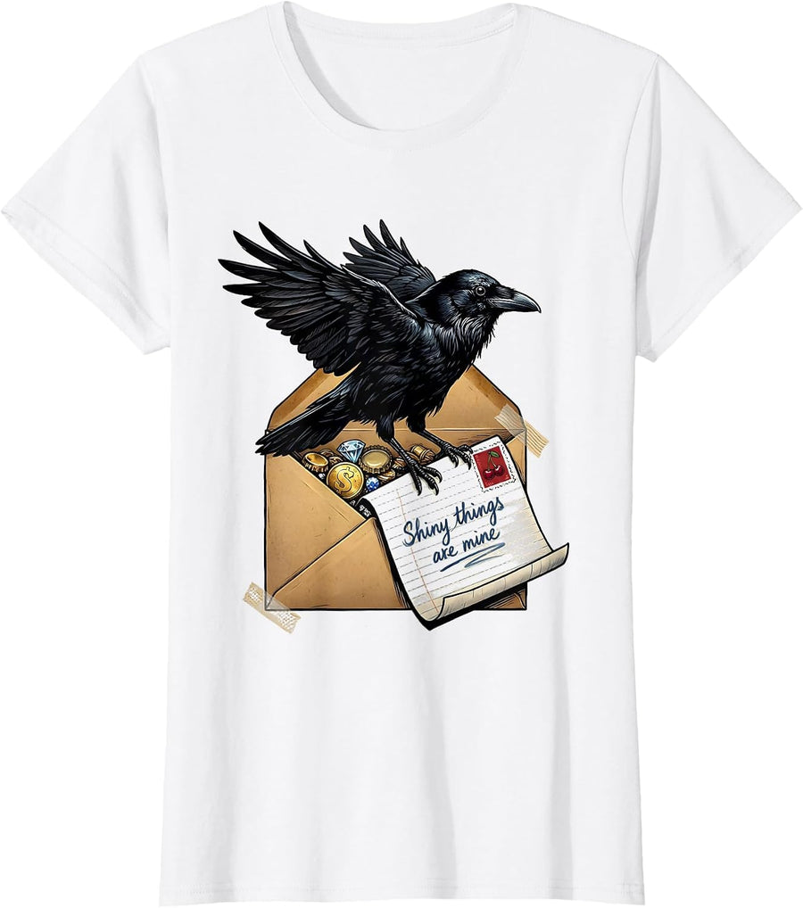 Women's Shiny Things Are Mine Crow Design T-Shirt - White