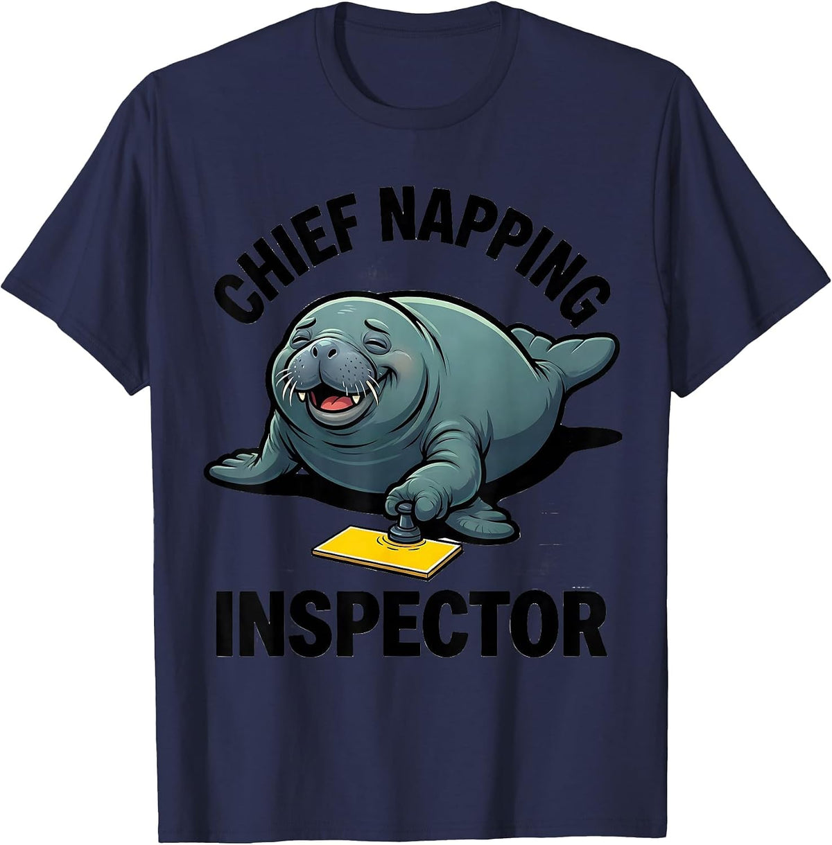 Chief Napping Inspector Funny Manatee Wildlife Lover Cartoon T-Shirt - Navy Blue