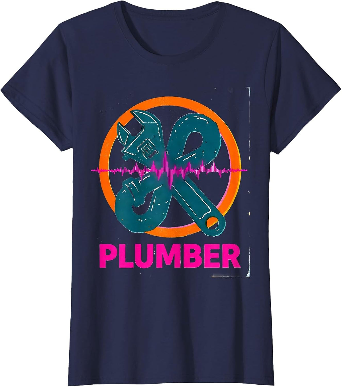 Women's Plumber Risograph Heartbeat Pulse Line Profession Identity T-Shirt - Navy Blue