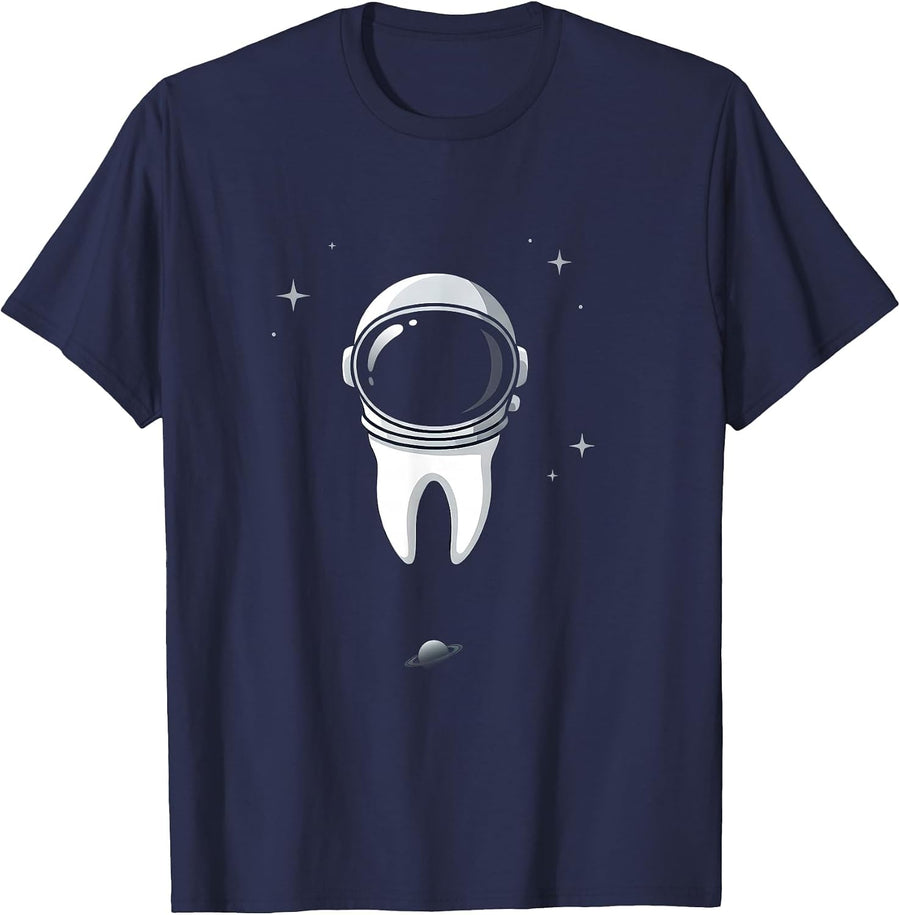 Astronaut Tooth Floating in Outer Space Design T-Shirt - Navy Blue