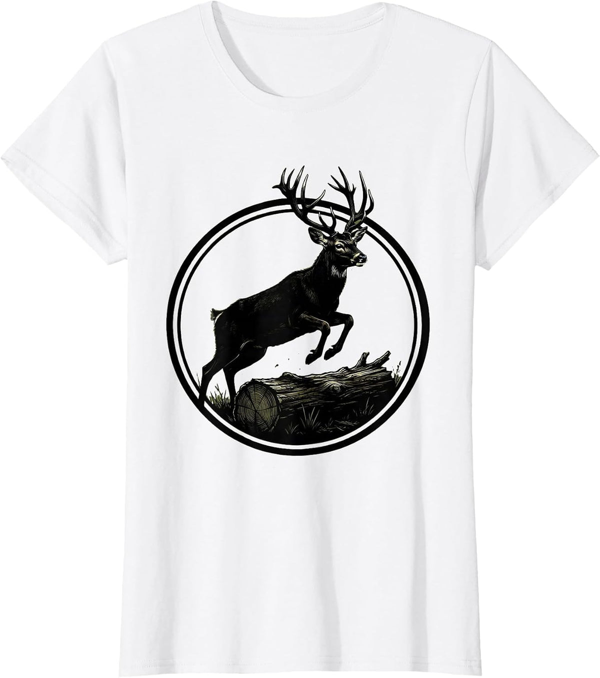 Women's Camo Buck Deer Leaping Over Fallen Log T-Shirt - White