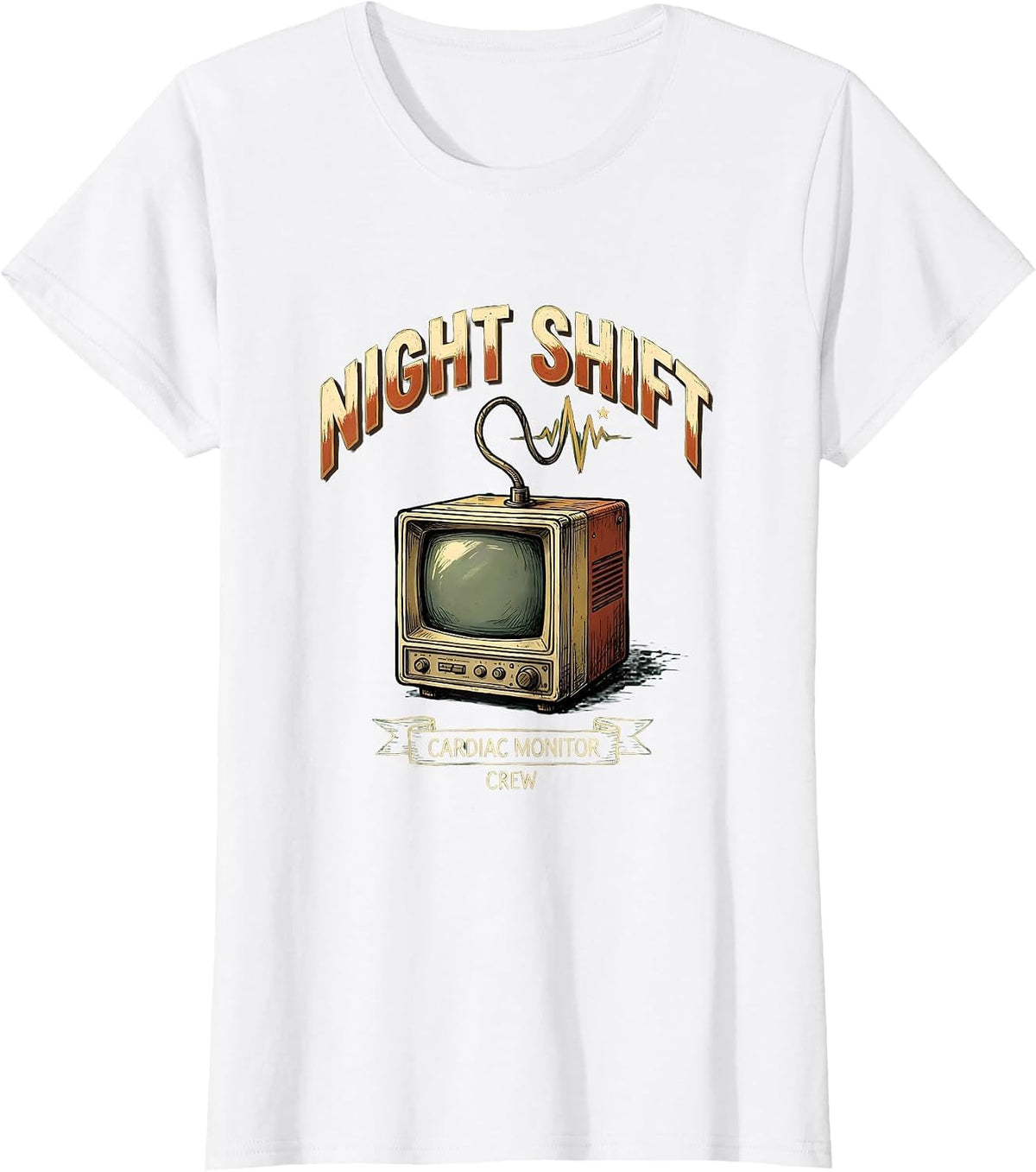 Women's Night Shift Cardiac Monitor Crew Funny Cardiac Tech EKG T-Shirt - White