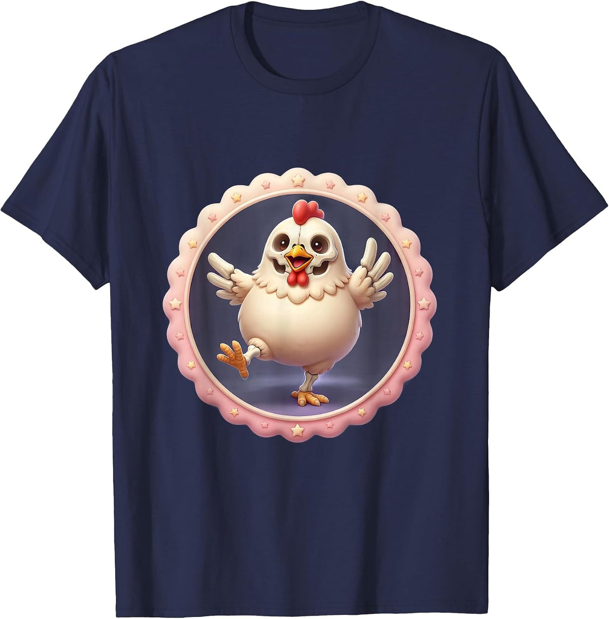Skeleton Chicken Strutting on Stage Graphic T-Shirt - Navy Blue
