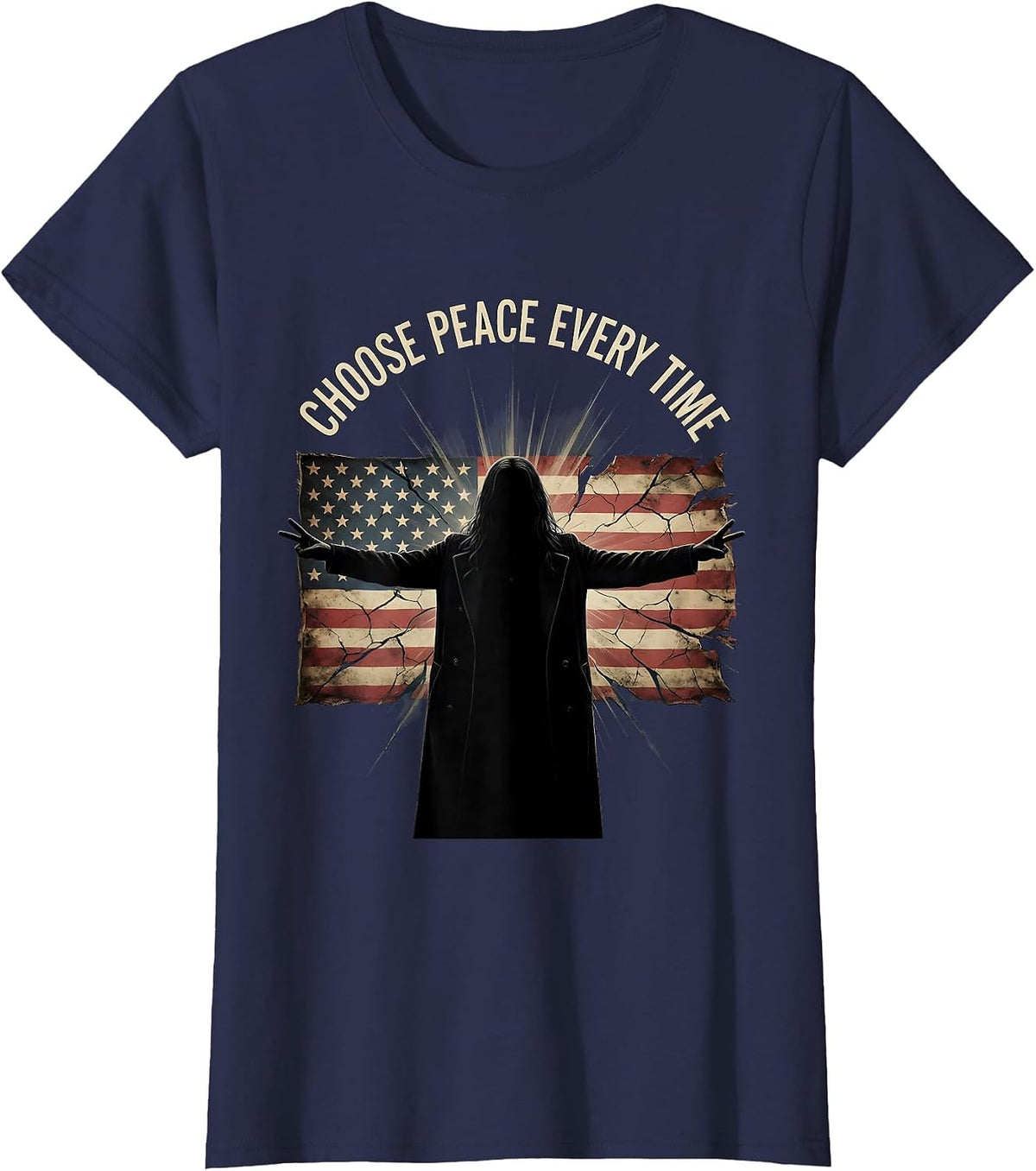 Women's Choose Peace Every Time Hippie Design T-Shirt - Navy Blue