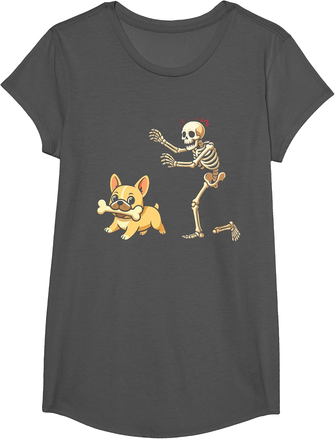 Halloween Dog Funny Skeleton Chasing French Bulldog T-Shirt - Girls Asphalt Grey