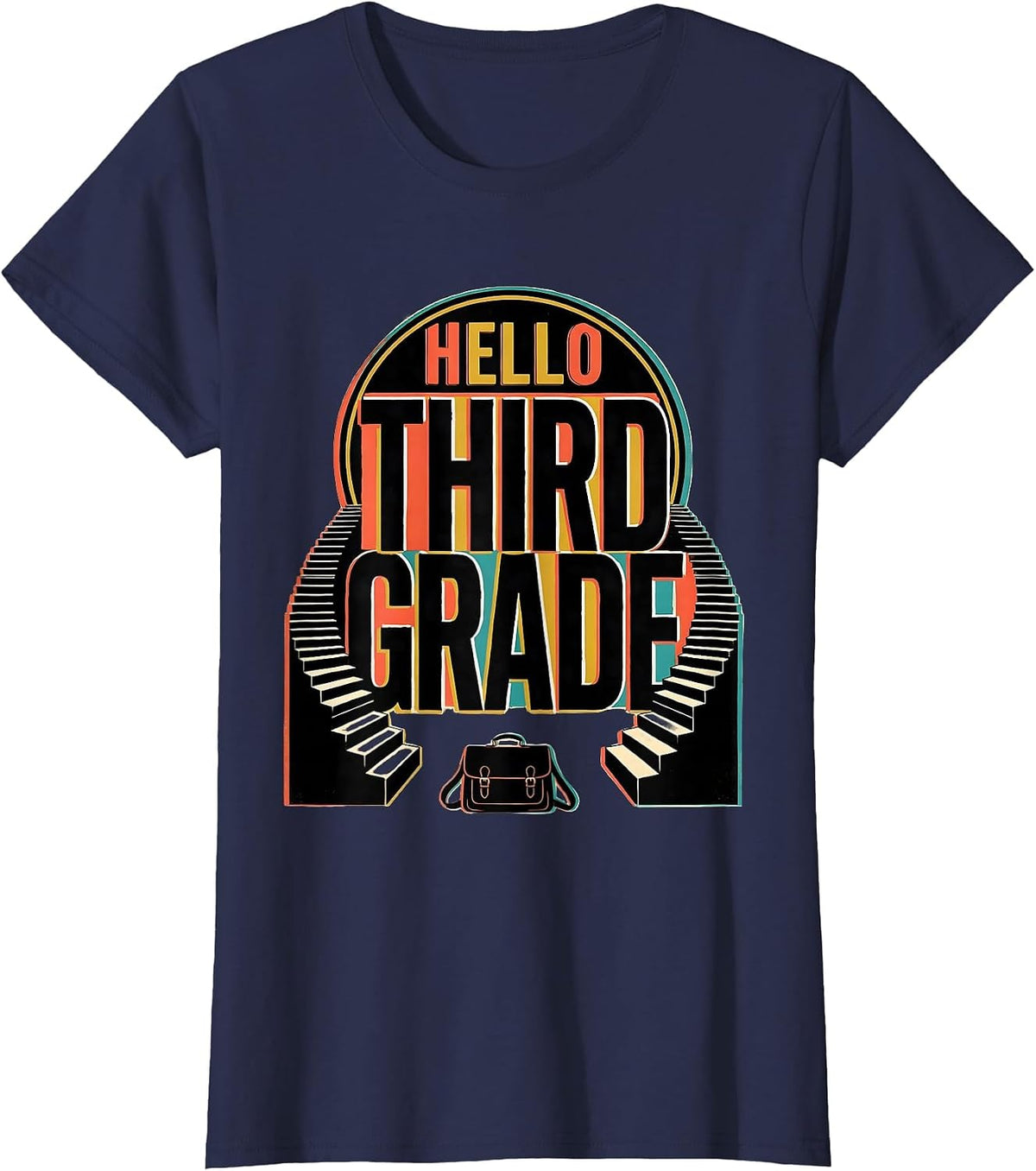 Women's Hello Third Grade Playful Whimsical Kids Teacher Back T-Shirt - Navy Blue