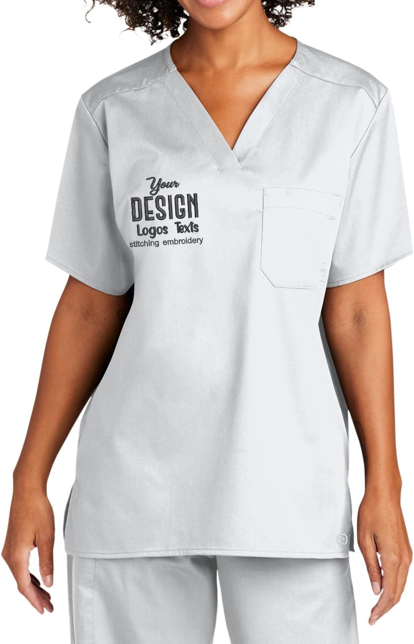 INK STITCH Unisex WW3160 Unisex Embroidered Logo Texts V Neck Pocket Scrub Shirts - Multicolors - White