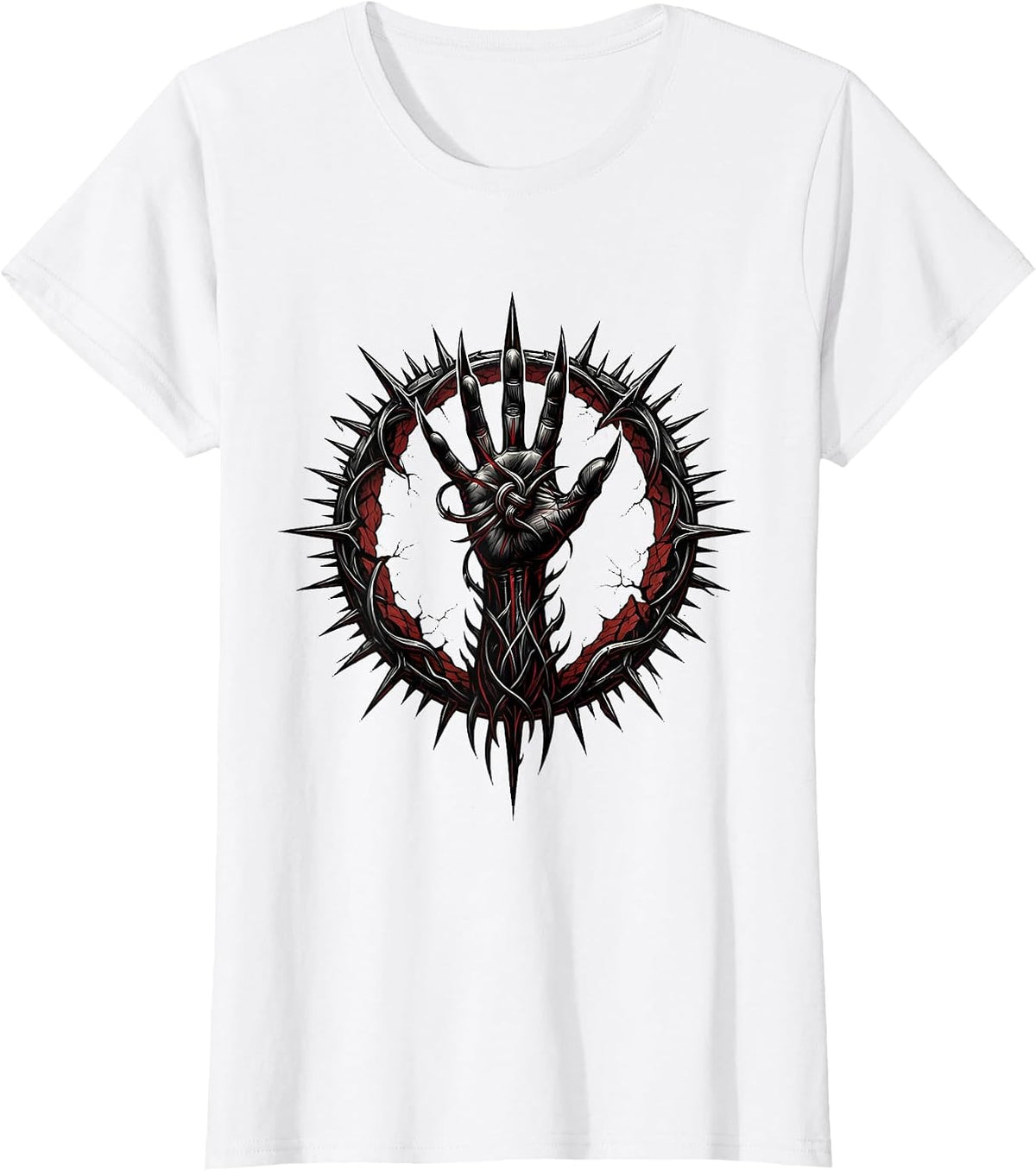 Demon Hand Emerging From Cracked Earth Rock Graphic T-Shirt - White