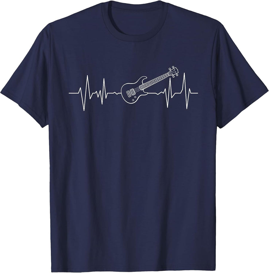 Bass Guitar Heartbeat - Guitarist Bassist Musician Music T-Shirt - Navy Blue