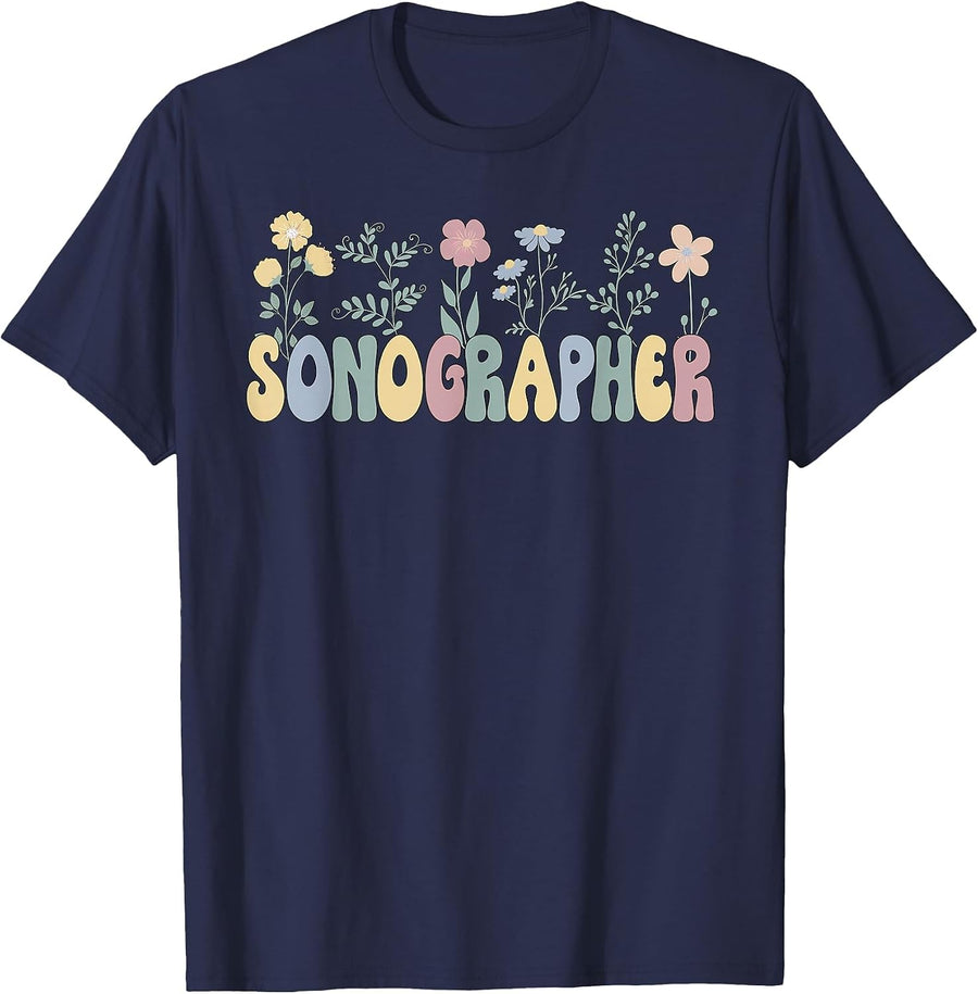 Groovy Sonographer Flowers Sonography T-Shirt - Navy Blue